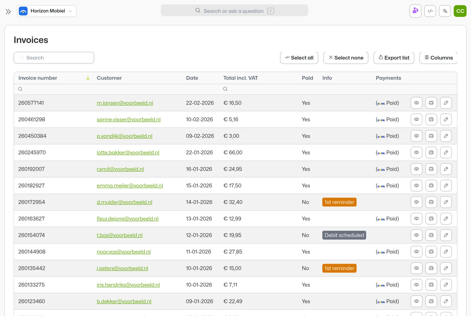 CleverMobi invoice overview: invoices with amount, payment status, SEPA payments and reminders