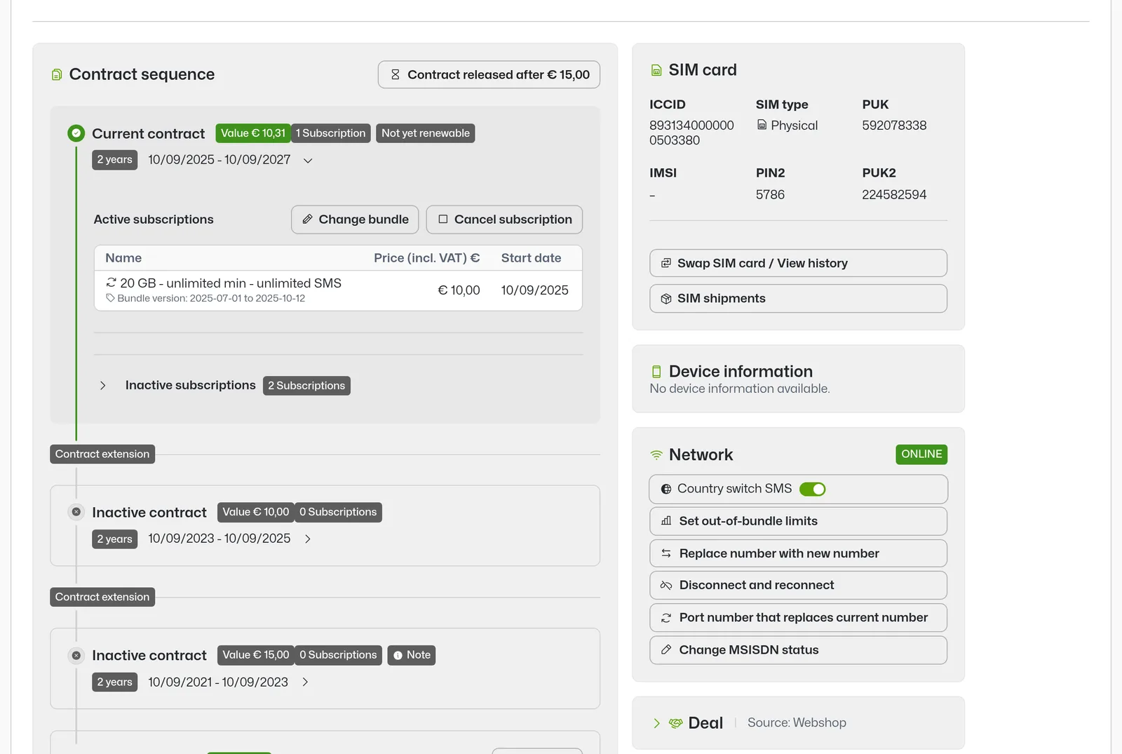 CleverMobi subscription screen: contract sequence, active bundle, SIM card details and network actions such as number porting